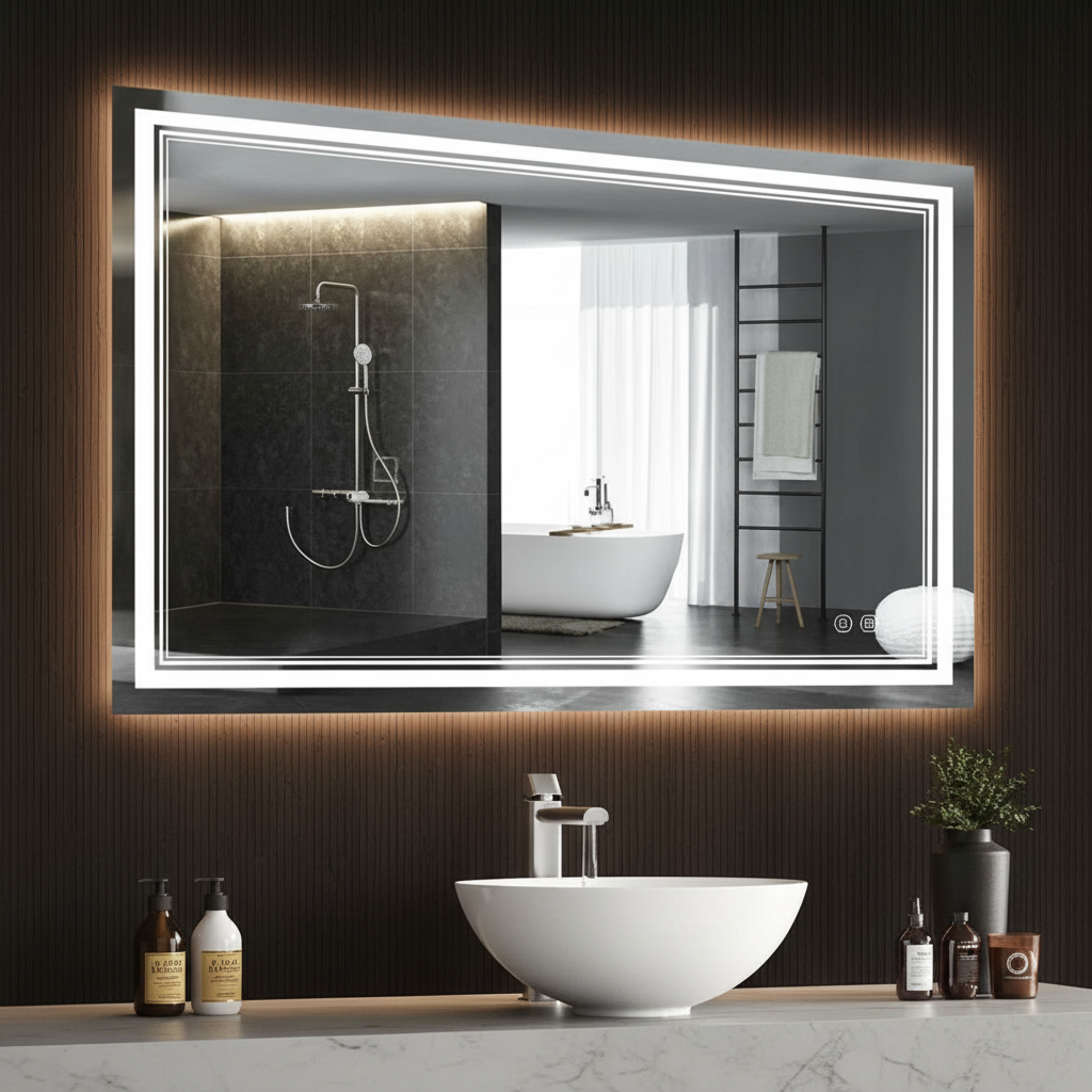 Aura 120 Rectangular LED Vanity Mirror Detail Perspective