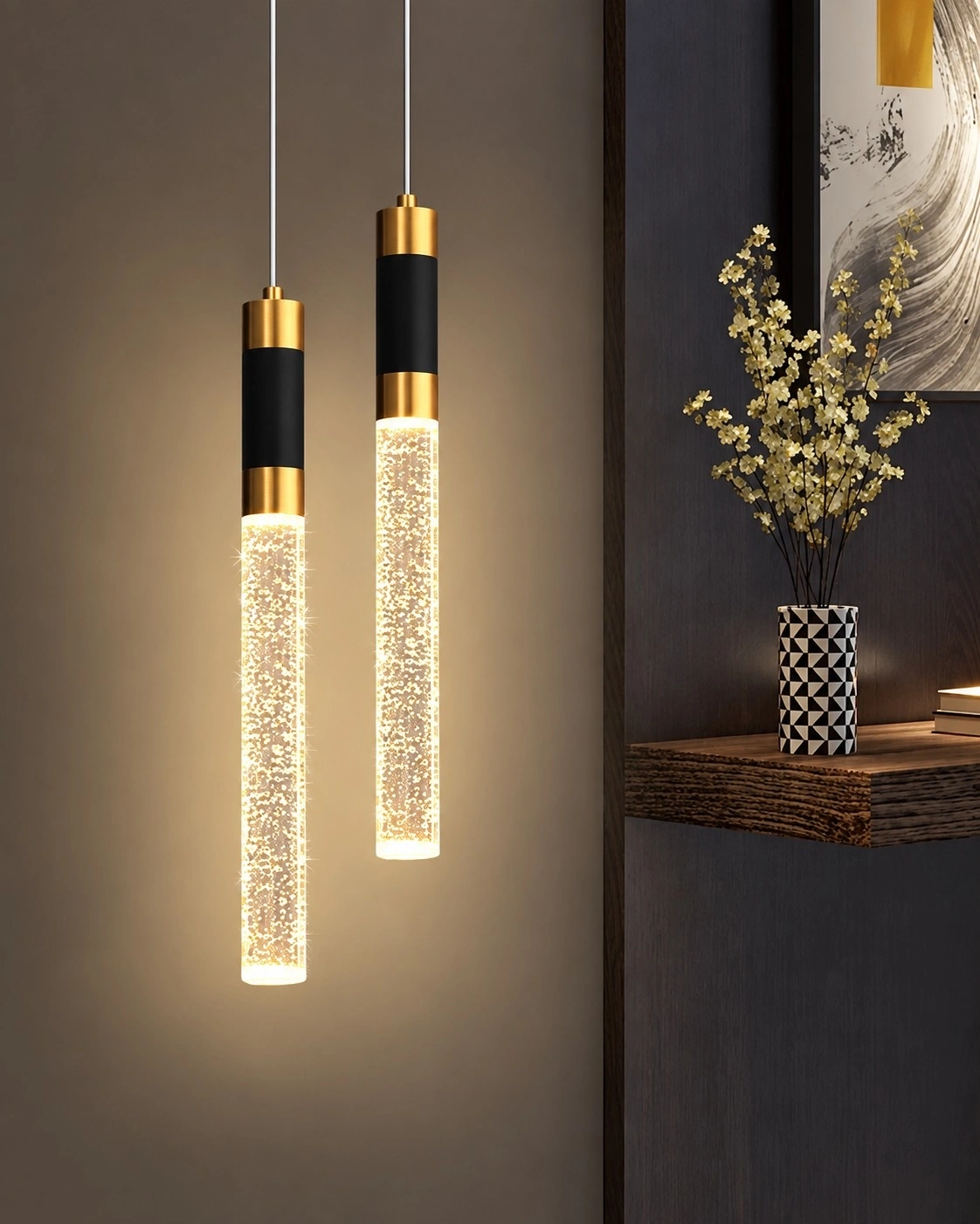 Aura 400mm Bubble Crystal Pendant | Matte Black & Brushed Brass