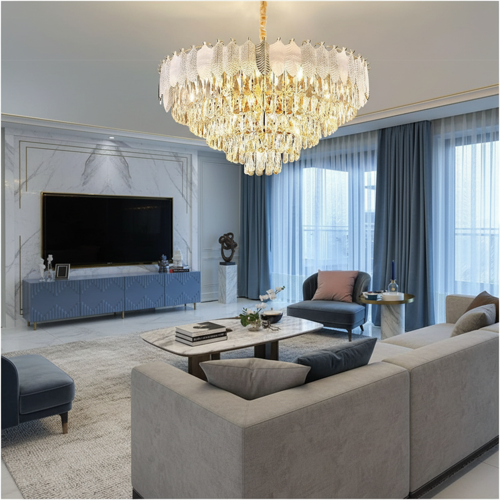 Aurae 60cm Feather & K9 Crystal Chandelier Angle 2
