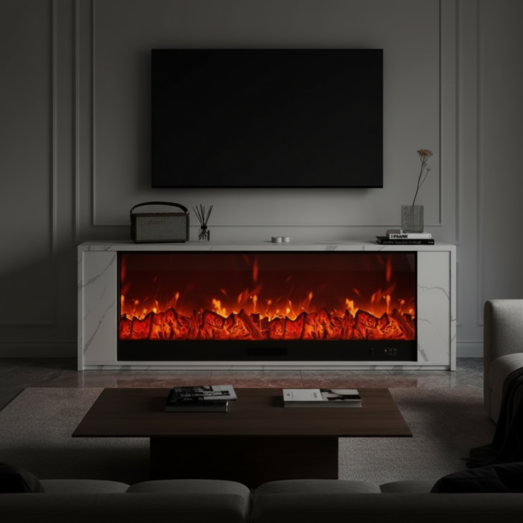 AuraFlame 71 Marble Fireplace Console Detail Perspective