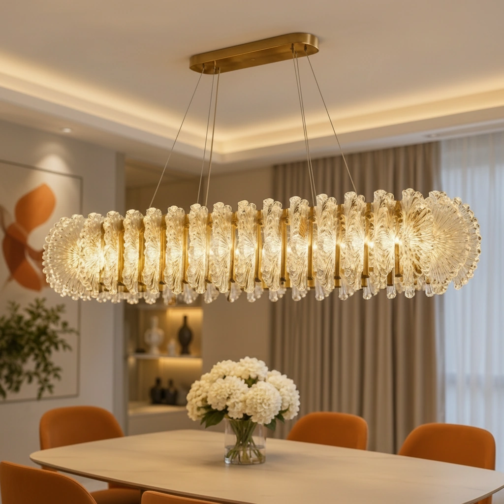 Aurelia 120cm Linear Fluted Crystal Chandelier, Brushed Brass Angle 2