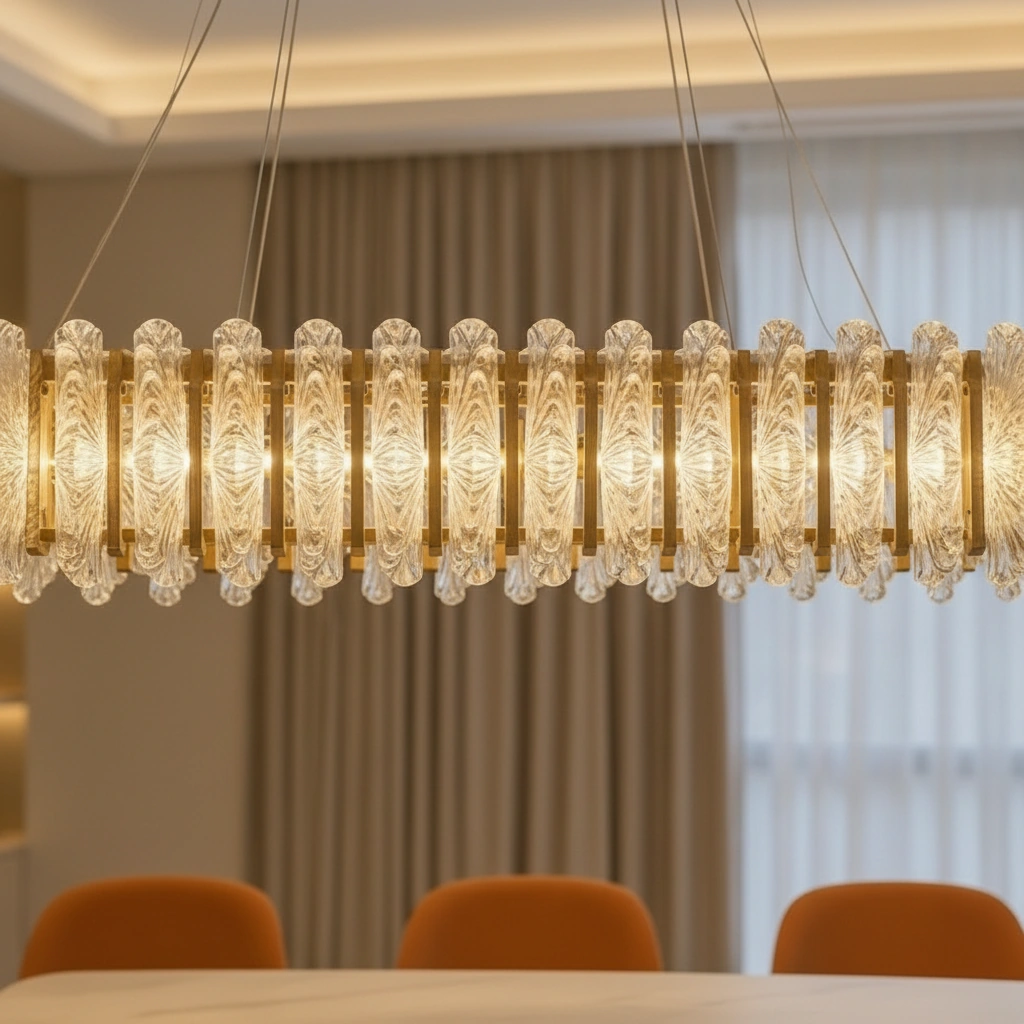 Aurelia 120cm Linear Fluted Crystal Chandelier, Brushed Brass Angle 3