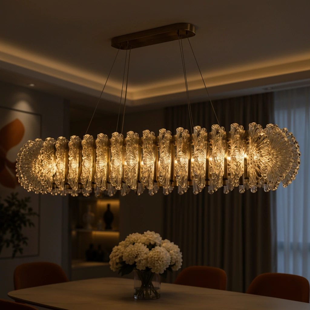 Aurelia 120cm Linear Fluted Crystal Chandelier, Brushed Brass Angle 4