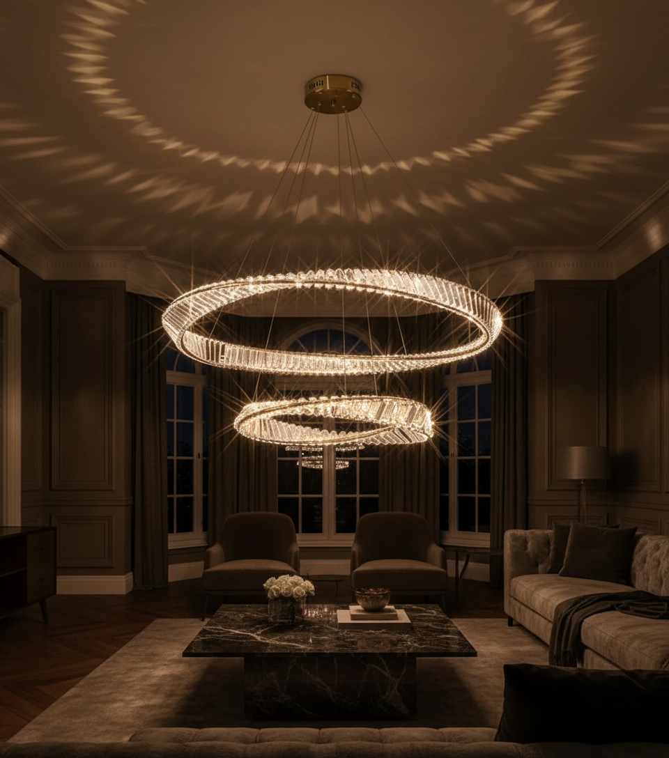 Aurelia 800/500mm Dual Ring K9 Crystal Chandelier Detail Perspective