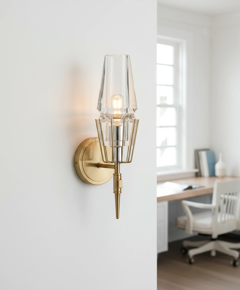 Aveline Art Deco Torch Wall Sconce in Brushed Brass & Crystal Glass Angle 2