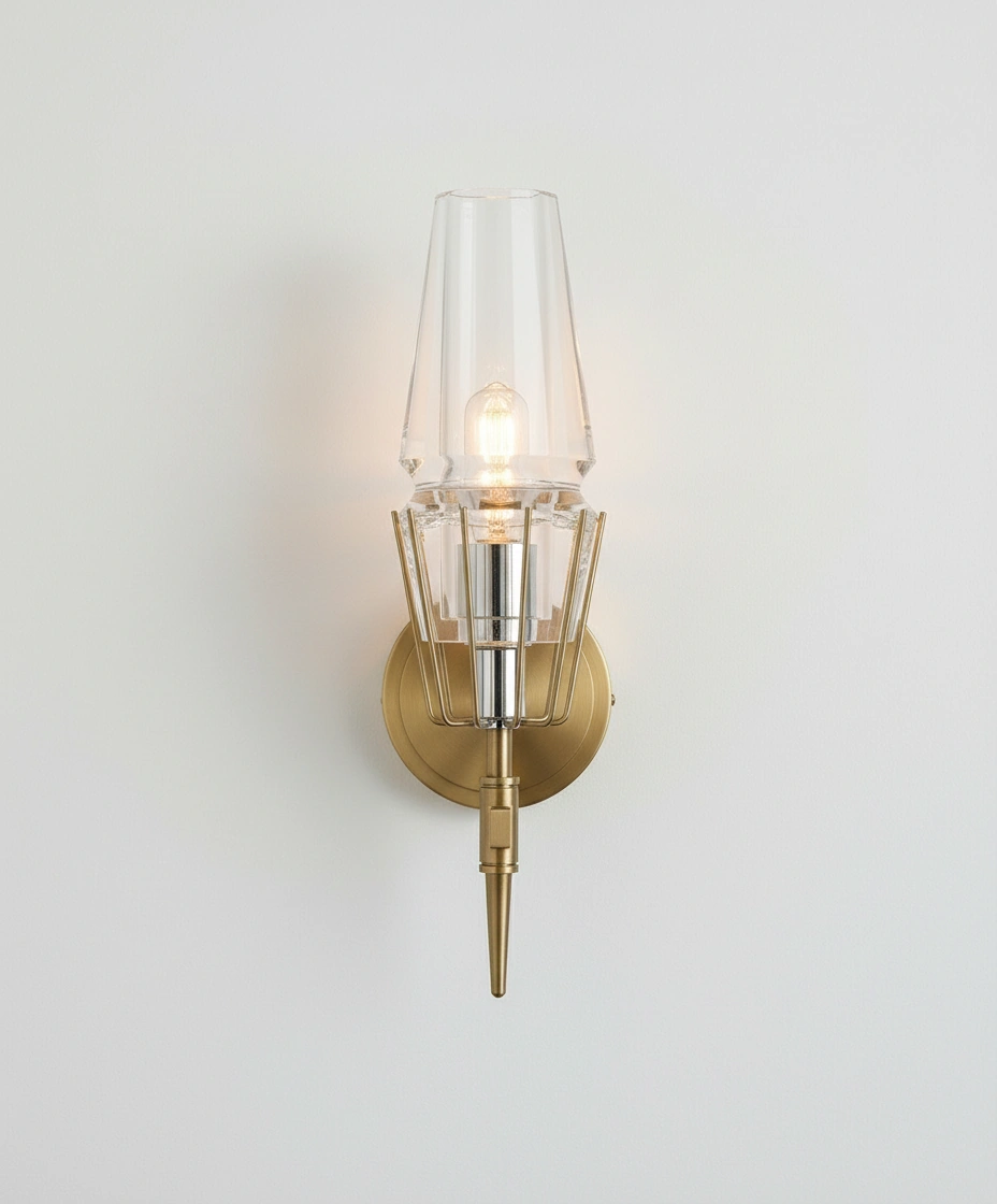 Aveline Art Deco Torch Wall Sconce in Brushed Brass & Crystal Glass Angle 3