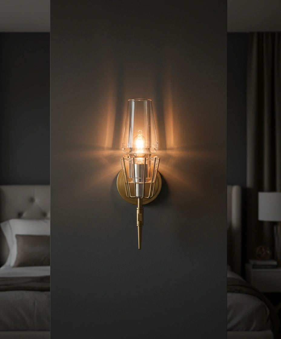 Aveline Art Deco Torch Wall Sconce in Brushed Brass & Crystal Glass Angle 4