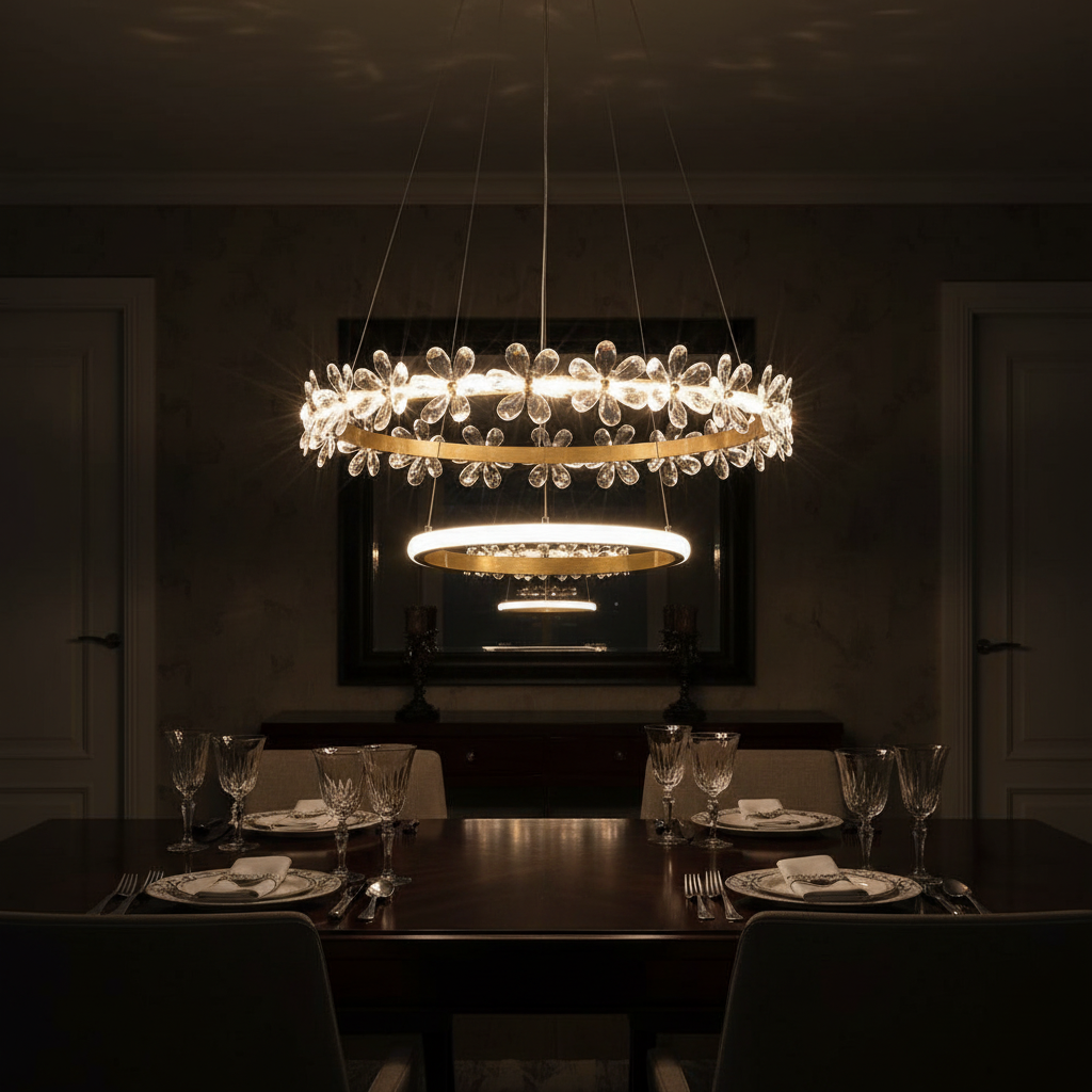 Flora Aura 80cm Dual-Ring K9 Crystal Chandelier Detail Perspective