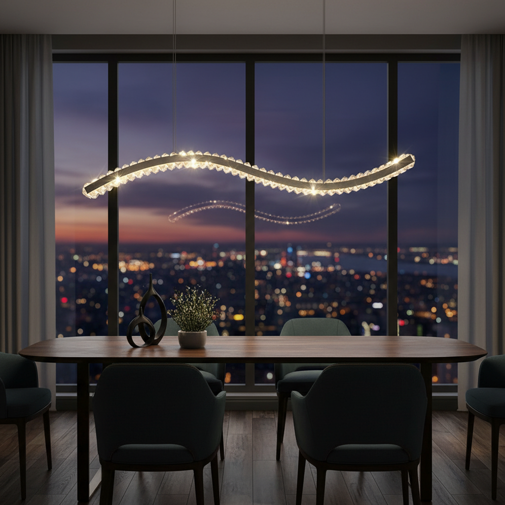 Serpentine Wave 120cm K9 Crystal Linear Pendant Detail Perspective