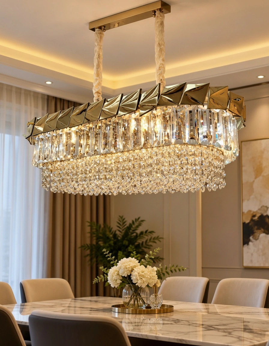 Verona 120cm Rectangular Gold & K9 Crystal Chandelier Angle 2