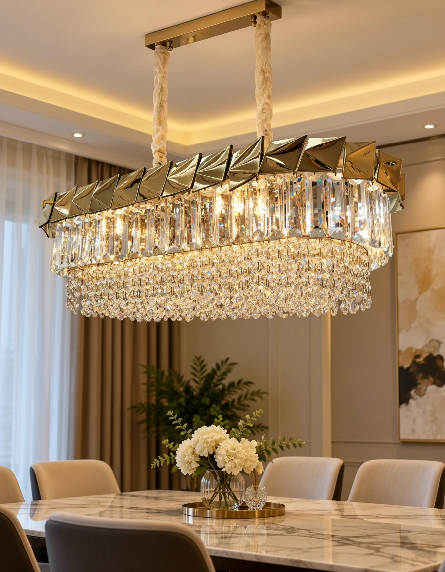 Verona 120cm Rectangular Gold & K9 Crystal Chandelier Angle 3